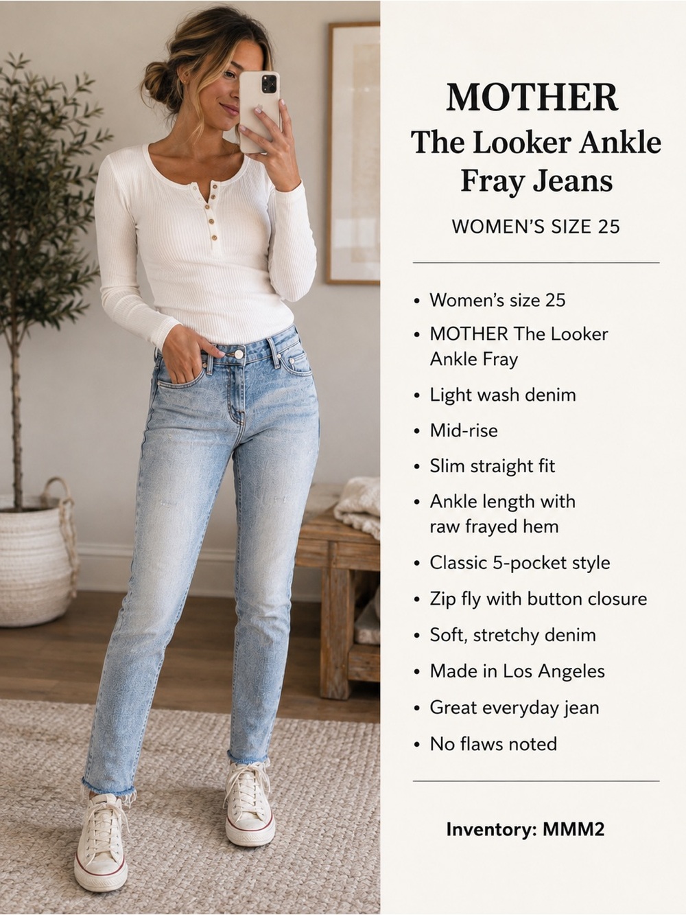 MOTHER The Looker Ankle Fray Jeans Women’s Size 25 Light Wash